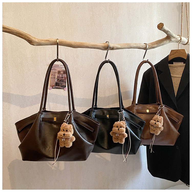 Túi xô nữ dáng tote xách tay dung tích lớn phong cách retro, đeo vai và kẹp nách — Màu nâu cà phê không kèm phụ kiện, Màu nâu không kèm phụ kiện, Màu đen không kèm phụ kiện, Màu nâu có móc treo chi tiết 2