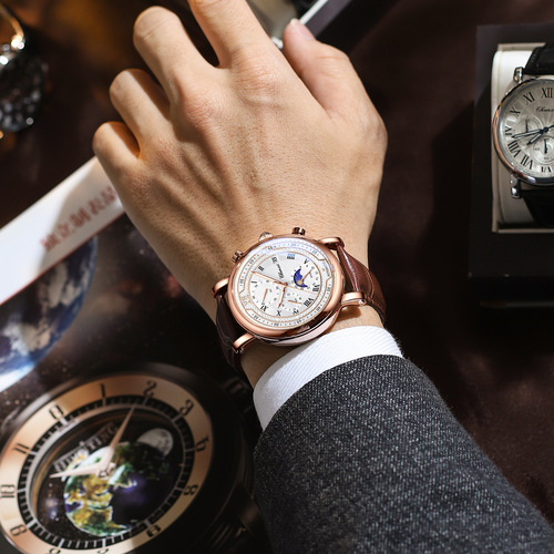 Chenxi multifunctional true three-eye six-pin men's watch moon phase calendar timing business live broadcast cross-border manufacturer quartz watch