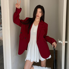 娇菲猫红色西装外套女2024新款早秋设计感小众宽松休闲西服