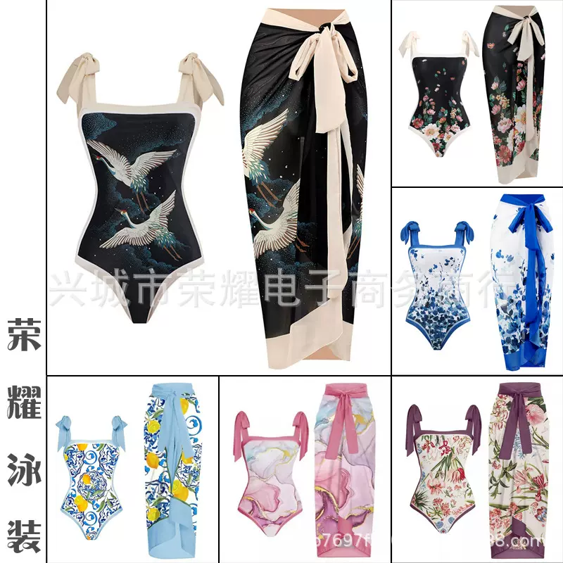 2024新款欧美外贸跨境亚马逊复古印花泳装连体泳衣套装女雪纺罩衫
