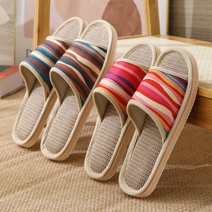 Linen slippers for women summer color strips for home use indoor men and women couples anti-slip spring four seasons homestay foam bottom wholesale