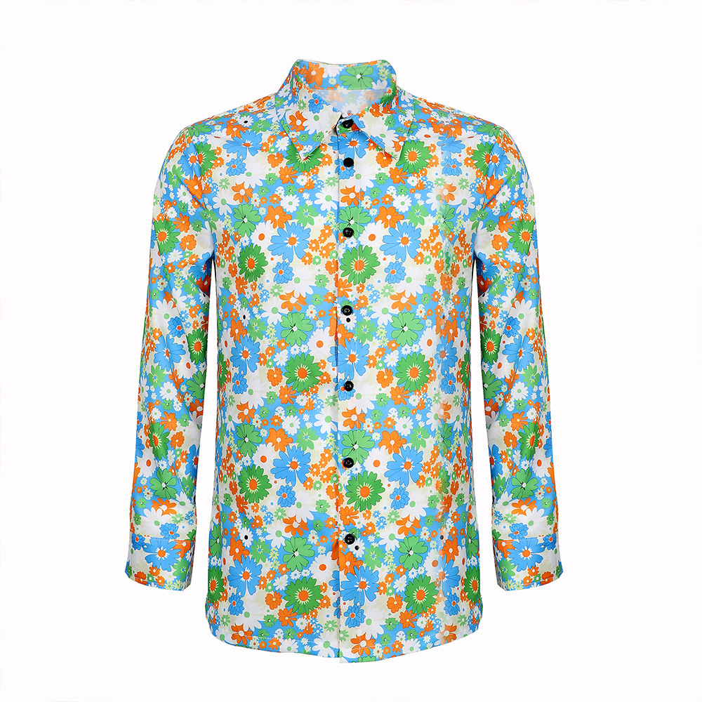 Cos 70s disco hombres Cosplay traje floral camisa de manga larga fiesta danza rendimiento ropa camisa