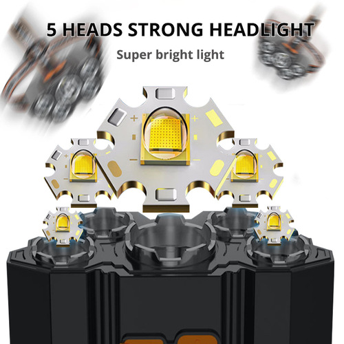 Cross-border five-core strong light headlight USB charging head-mounted searchlight waterproof headlight outdoor night fishing fishing headlight