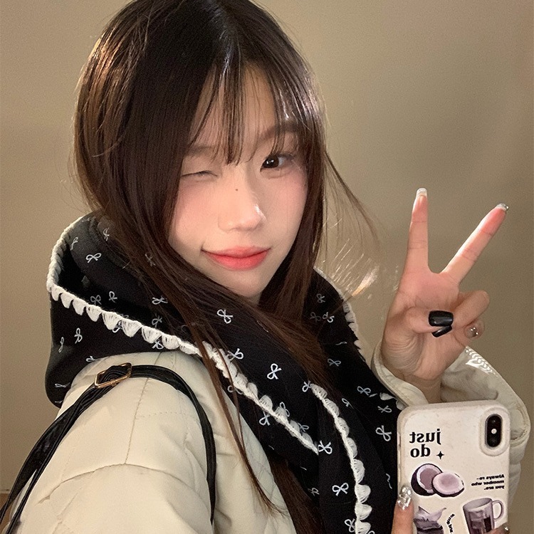 韩版蝴蝶结印花围巾帽子一体女秋冬季可爱百搭保暖防寒针织围脖|undefined
