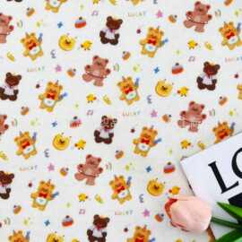 全棉双层纱水洗棉布卡通熊熊数码印花布料宝宝家居服睡衣抱毯面料