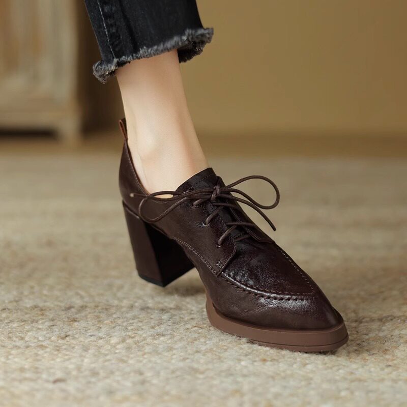 [in Stock] D9153-5 Lace-Up Chunky High Heel Pumps for Women 2026 Spring and Autumn New Commuter Pointed Toe Leather Shoes