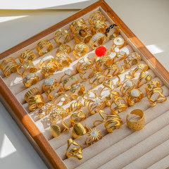跨境不锈钢金色珍珠花朵女士戒指夸张高级感指环伙拼欧美手饰