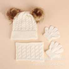 3PCS双球围脖带手套儿童针织秋冬款套帽 儿童秋冬毛线帽子