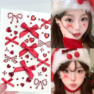 Christmas Face Sticker Ribbon Red Bow Concert Makeup Sticker Diamond Red Diamond Children Stage Makeup Diamond Flash Diamond