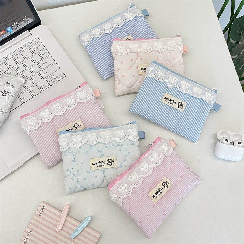 65221 Blue Striped Quilted Cosmetic Bag, Fresh Girly Style, Earphone Data Cable Organizer Bag, Portable Coin Purse 65221 Blue Striped Quilted Cosmetic Bag, Fresh Girly Style, Earphone Data Cable Organizer Bag, Portable Coin Purse