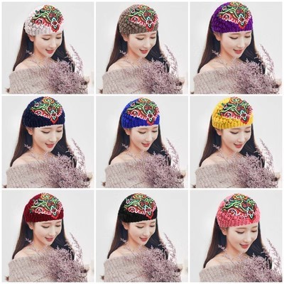 China Style Thickened Ethnic Style Embroidered Wool Knitted Headband Hair Hoop Winter Warm Wide Brimmed White Hair Covering Headscarf