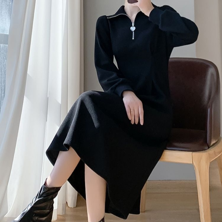 티 브레이크 프렌치 긴팔 원피스 여성용 가을과 겨울 하이 엔드 기질 기모 두꺼운 코트 내부 롱 스커트
