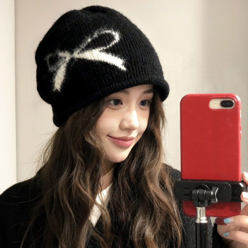 Bow-Knot Black Slouchy Beanie for Women, Autumn and Winter Warm Knitted Pullover Hat, Retro Large Head Circumference, Makes Face Look Smaller, Turban Hat Bow-Knot Black Slouchy Beanie for Women, Autumn and Winter Warm Knitted Pullover Hat, Retro Large Head Circumference, Makes Face Look Smaller, Turban Hat