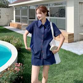 牛仔蓝超火穿搭甜酷风休闲牛仔套装女2026夏季新款衬衫短裙两件套