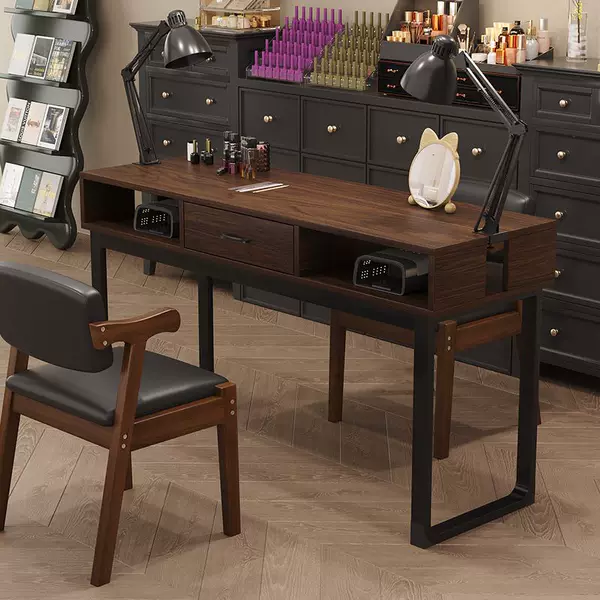 Nail Art Table and Chair Set, Retro Special Price, Economical Single/Double Workstation Nail Art Table with Lamp, Japanese Style Nail Salon Table and Chairs