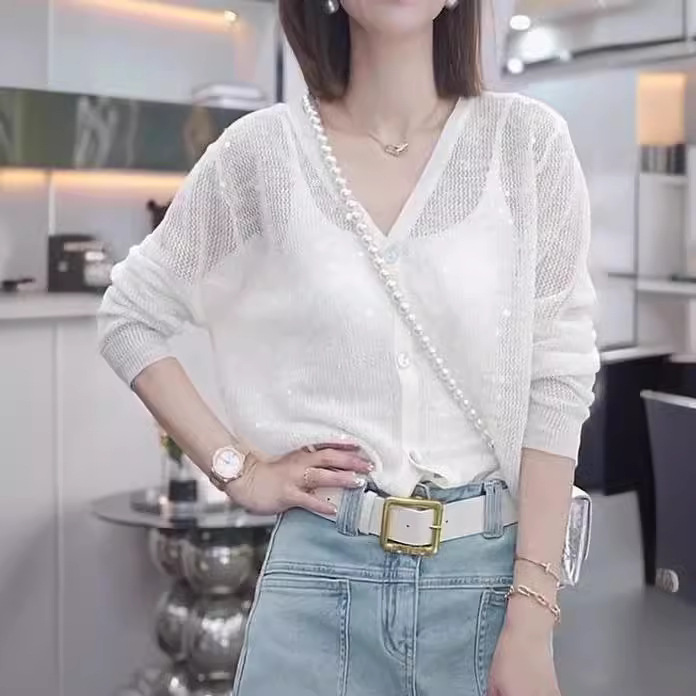 Spring/Summer 2024 Thin Sequin Knitted Cardigan V-Neck Loose Hollow Mesh Long-Sleeved Tulle Sunscreen Top for Outer Wear