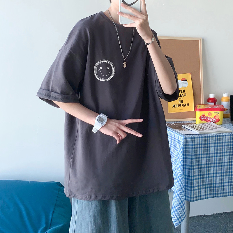 Kurzarm für Herren Sommer 2022 Neues lockeres Rundhals-T-Shirt mit lächelndem Gesicht in koreanischer Version Trendy Instagram Casual_voghion.com
