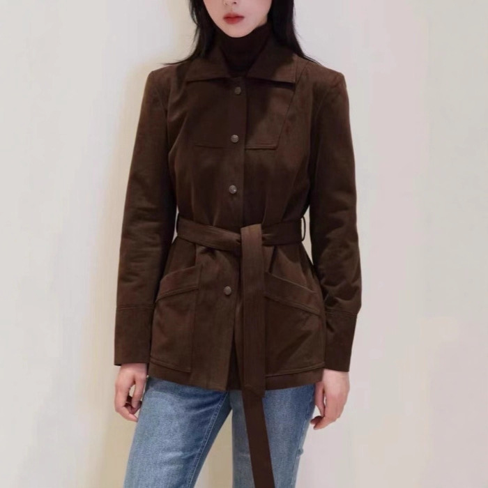 He5900+! 2025 Autumn Commuter Old Money Style Cotton Brushed Twill Belted Lapel Shirt Jacket