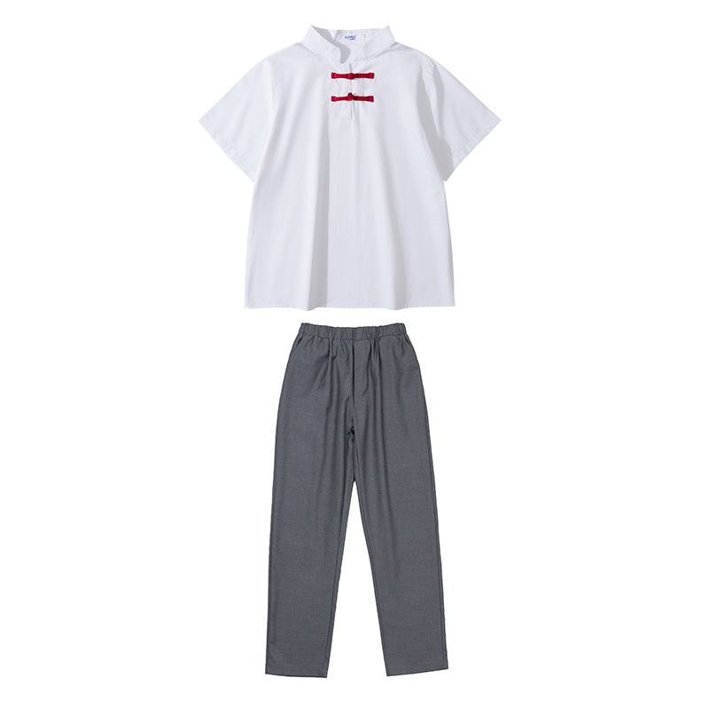 Men's plate buckle short sleeve+gray trousers