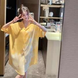 跨境外贸冰丝睡裙女夏季薄款性感开衫睡衣高级感轻奢宽松家居服女