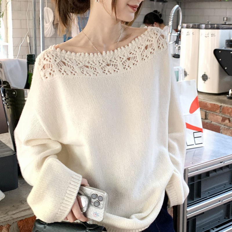 Merino Wool Cut Out Lace One-Line Collar Knitwear Women's Autumn Long-Sleeved Loose Lazy Top