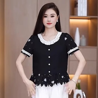 时尚短袖衬衫女2025夏季新款洋气质显瘦拼接蕾丝花边百搭衬衣上衣|undefined