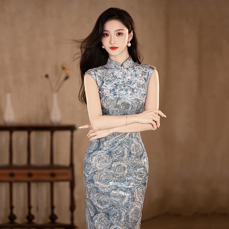 無袖中式長款改良旗袍2024新款年輕款少女民國風復古修身氣質禮服