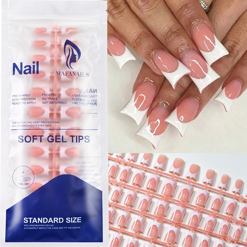 120 pieces of pre-formed French-style semi-finished press-on nails in a bag, with white edges and nude pink duckbill shape, for nail extensions 120 pieces of pre-formed French-style semi-finished press-on nails in a bag, with white edges and nude pink duckbill shape, for nail extensions