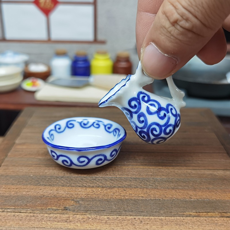 迷你陶瓷碗壶怀旧风过家家食玩小小厨房微缩模型场景配件