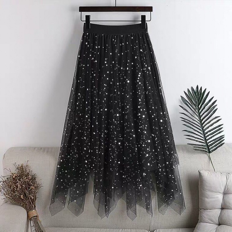 Star Sequins Irregular Velvet Mesh Skirt Mid-length Skirt Large Size A- line Skirt Fairy Skirt Four Seasons Skirt