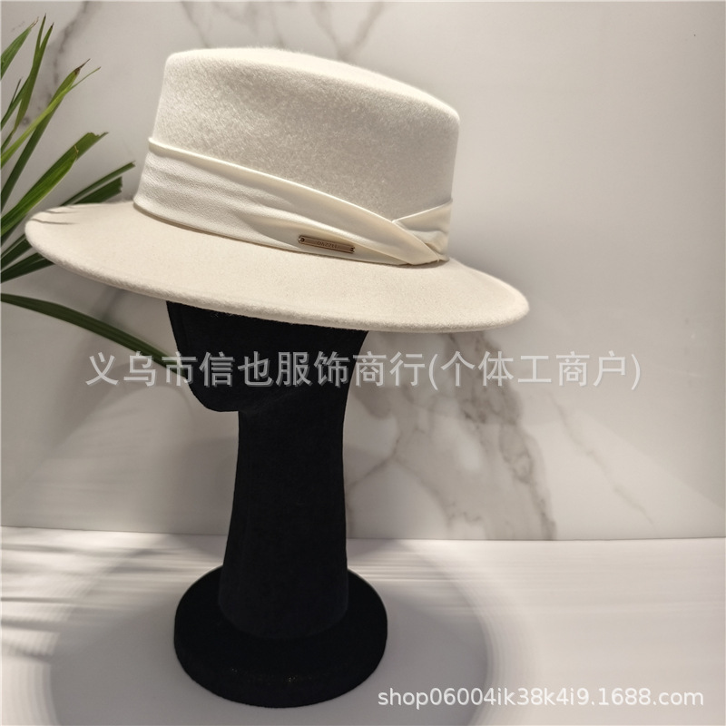 名媛美学羊毛帽子秋冬保暖时尚经典百搭平顶帽澳洲羊毛大帽檐礼帽|undefined