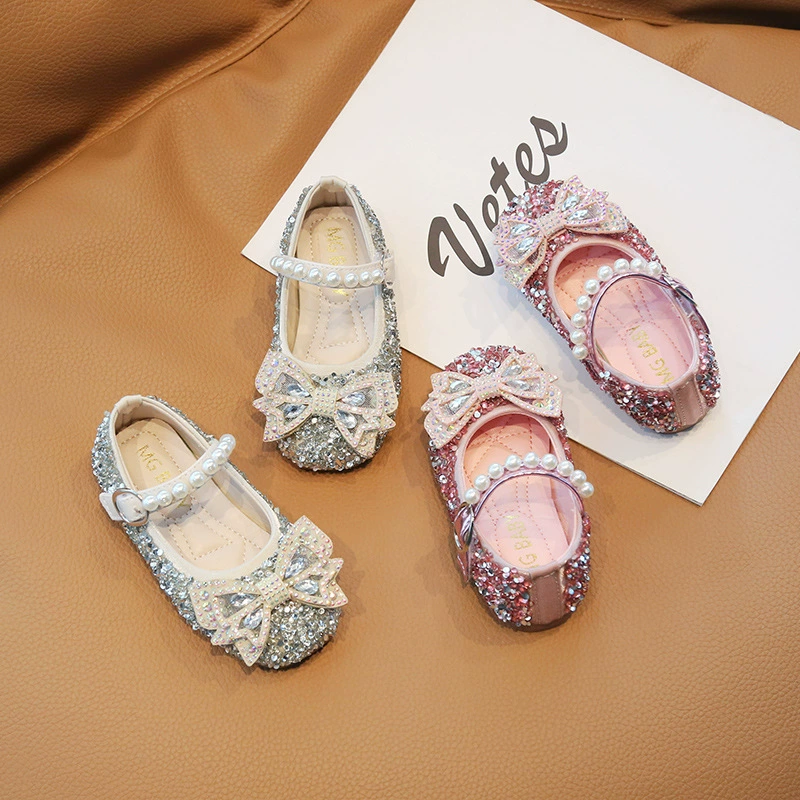 Детские туфли-балетки для девочек в корейском стиле, весна-осень 2025, новинка, модные блестящие туфли с бантом и стразами для девочек