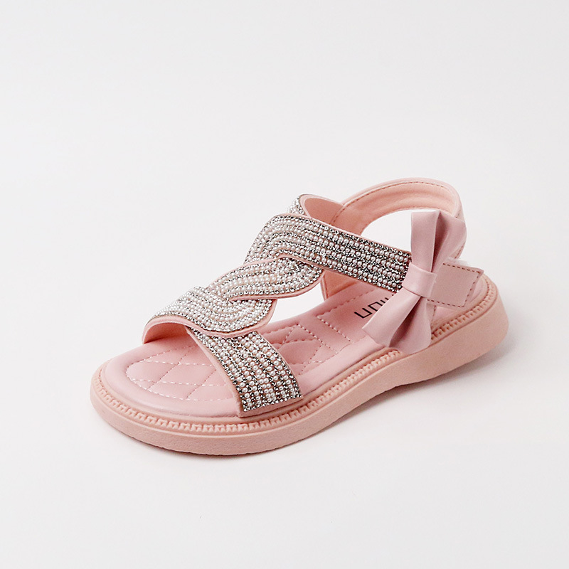Sandalias nuevas de verano para niña, zapatos romanos con diamantes de agua y perlas para niño grande, sandalias de princesa a la moda, 2024_voghion.com