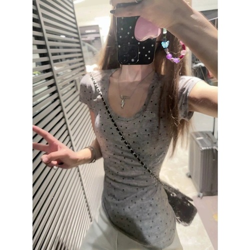 Original Tencel Fabric Grey U-Neck Polka Dot Short-Sleeve Women's Basic Top Fitted Short-Sleeve Top