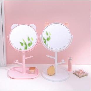 Cat ears makeup mirror cartoon HD desktop rotating small round mirror dressing table mirror simple beauty Princess Mirror