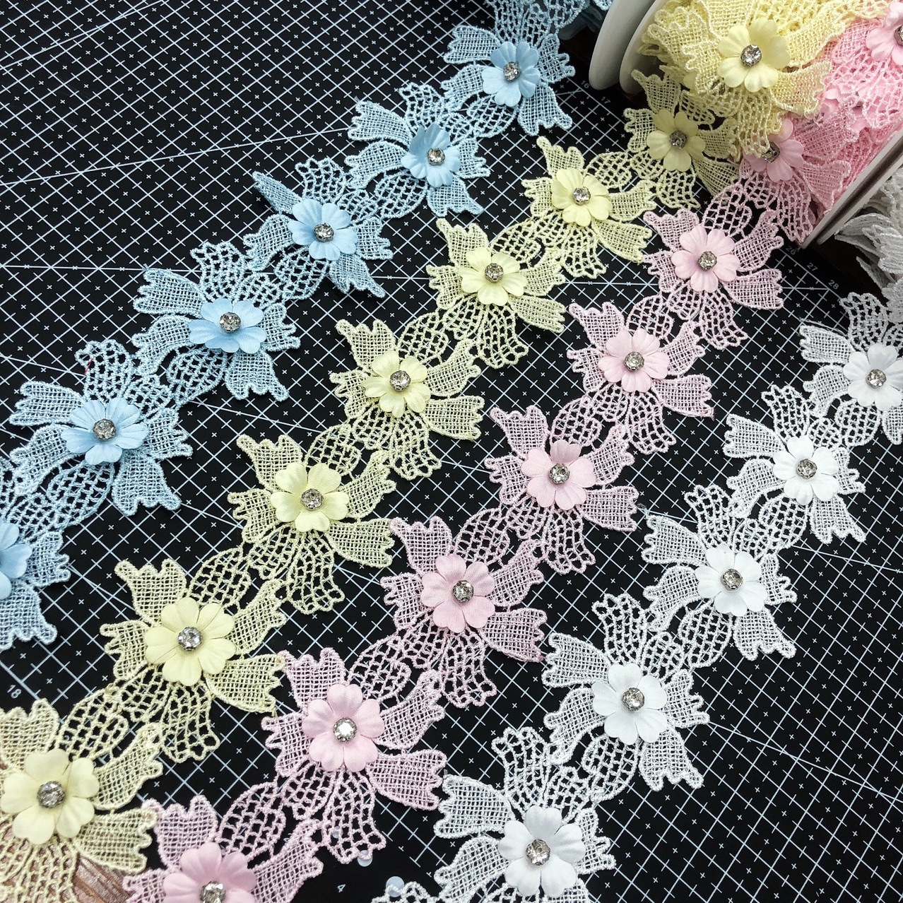 涤光水溶花边 双层立体钉珠花朵 鞋帽头饰服装家纺童装礼服辅料