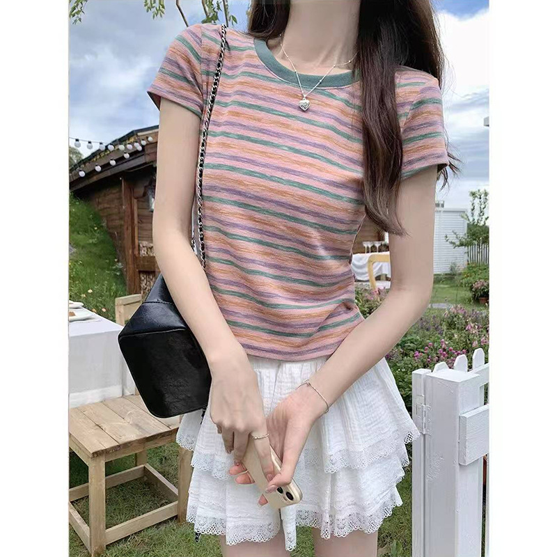 Rainbow Striped Shoulder Short-sleeved T-shirt Women's 2025 Summer New Contrast Color Round Neck Short Bm Style Top