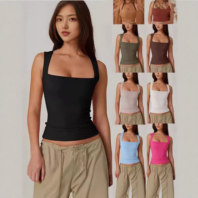 2025 New Amazon Summer New Women's Square Neck Sleeveless Double-Layer Vest Basic Tight-Fitting T-Shirt Black