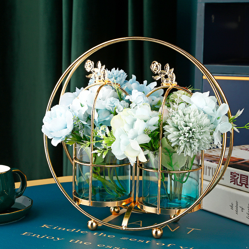 轻奢提篮玻璃小花瓶客厅餐桌水培干鲜花装饰瓶样板间花艺套装摆件|ru