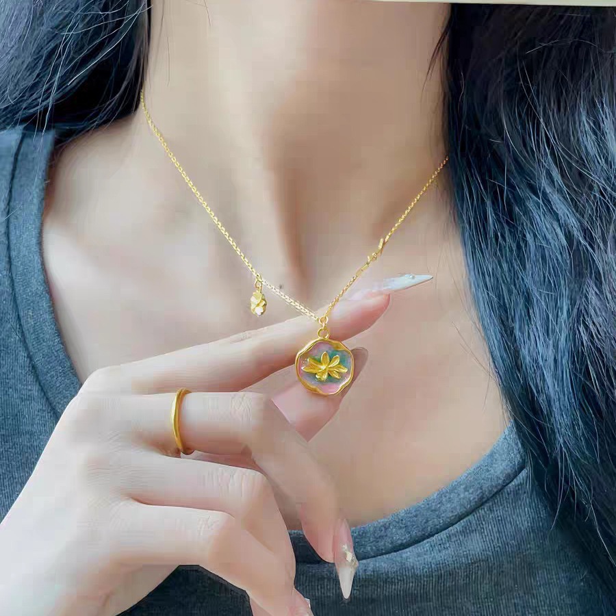 Antica Insalata Oro Bruciato Blu Smalto Monet Giardino Loto Collana Pendente Fidanzata Catena Clavicola Vintage Moda Regalo_voghion.com
