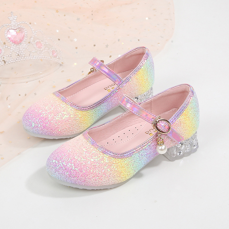 Girls Princess Shoes Soft Sole Performance Spring and Autumn Bow Fashion Sweet Cute Non-slip Rainbow High Heel Shoes for Children