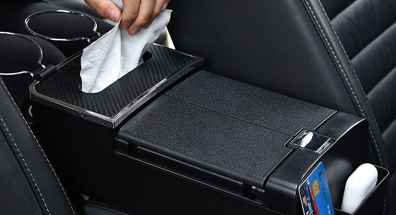 Multifunctional car cup holder with tissue box, creative design with storage box and armrest box