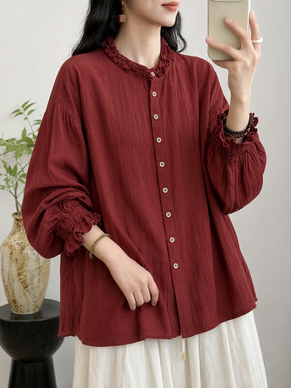 Lace collar multi-button shirt, 2026 autumn/winter new collection, loose-fitting shirt, solid color, long-sleeved base layer top for women, 2677