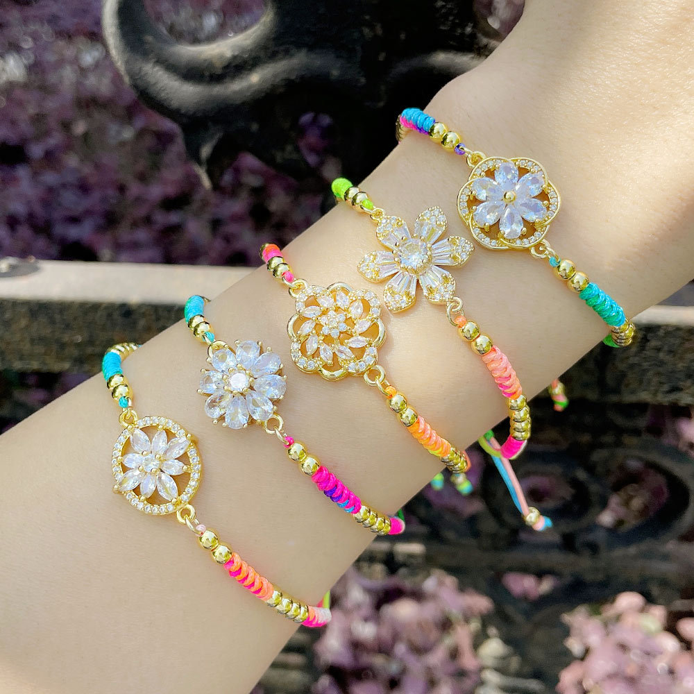 Fashion Colorful Braided Rope Flower Bohemian Ethnic Style Hand Weaving Zircon Copper Bracelet