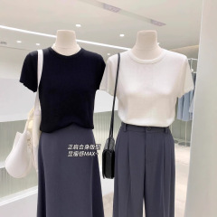 叩き心地いい! 宝の混紡の氷の糸のニットの半袖のtシャツの春夏の新型は気品が現れます。