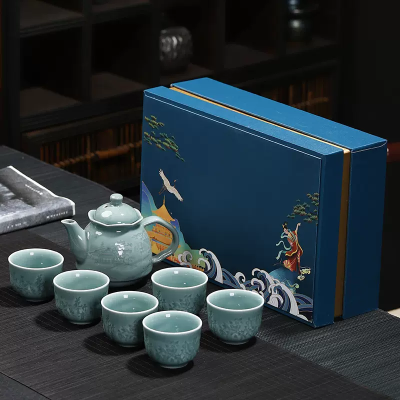青瓷大容量功夫茶具套装家用陶瓷七头大号泡茶壶茶杯整套礼品可订