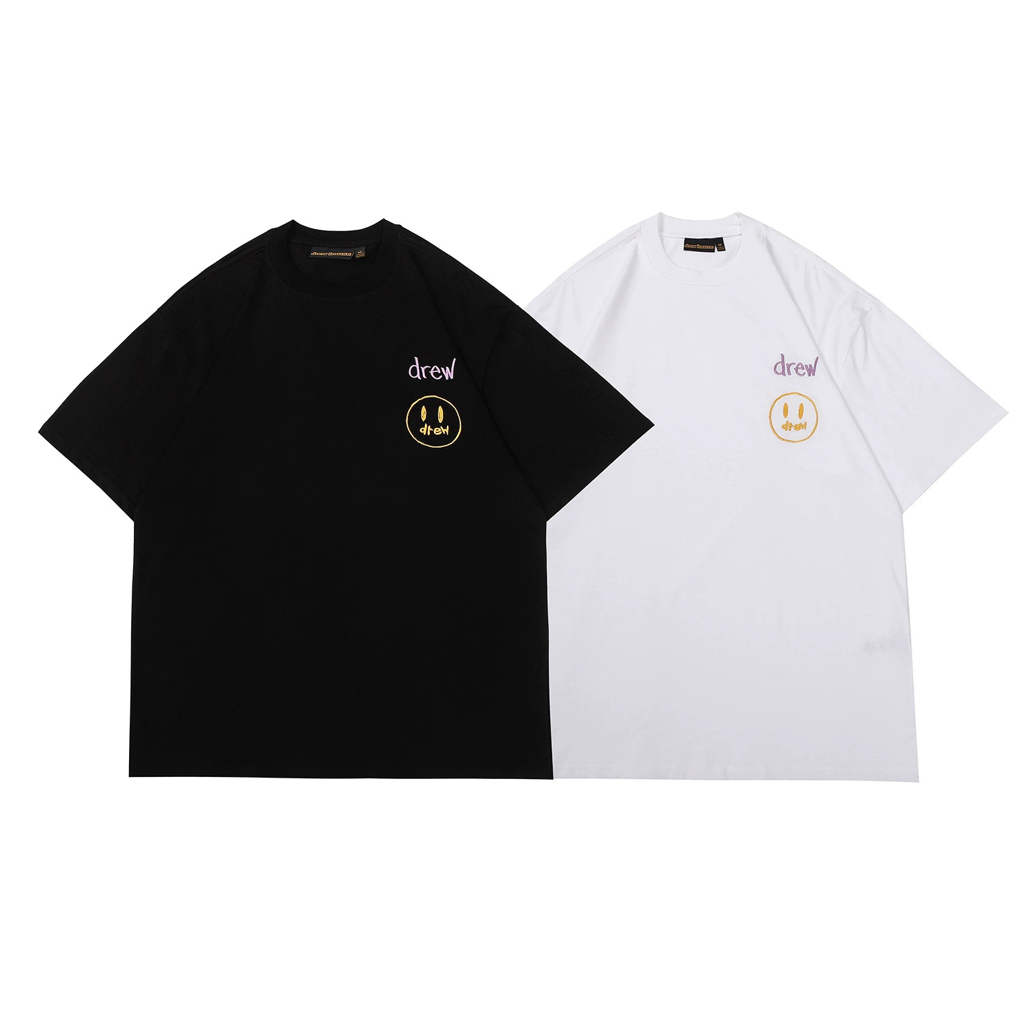 23SS трансграничный модный бренд нарисовал смайлик письмо вышитая футболка с короткими рукавами Мужская и женская пара High Street туман Свободная рубашка с короткими рукавами