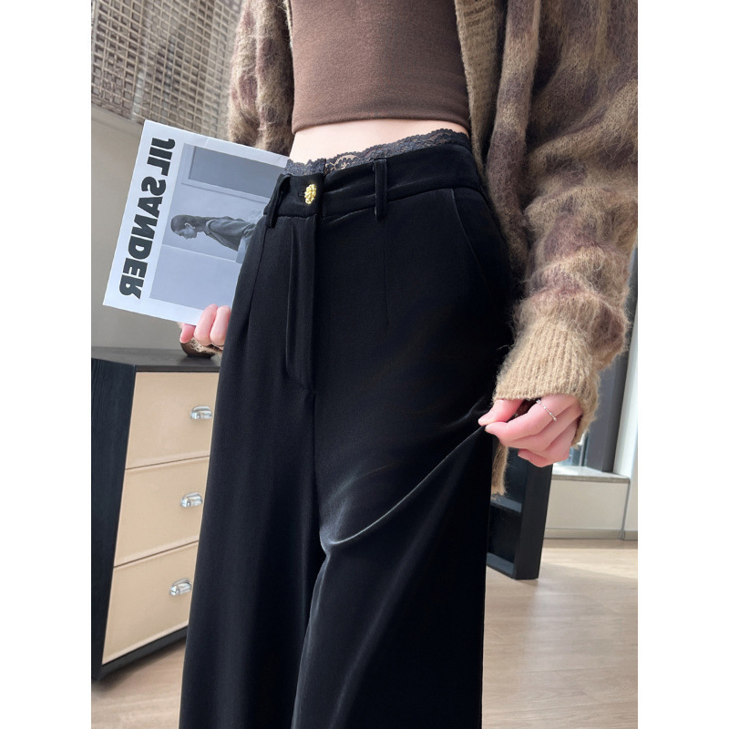Velvet Suit Pants for Women, Autumn and Winter, Black High-Waisted Slimming Casual Versatile Straight-Leg Lace Floor-Length Wide-Leg Pants