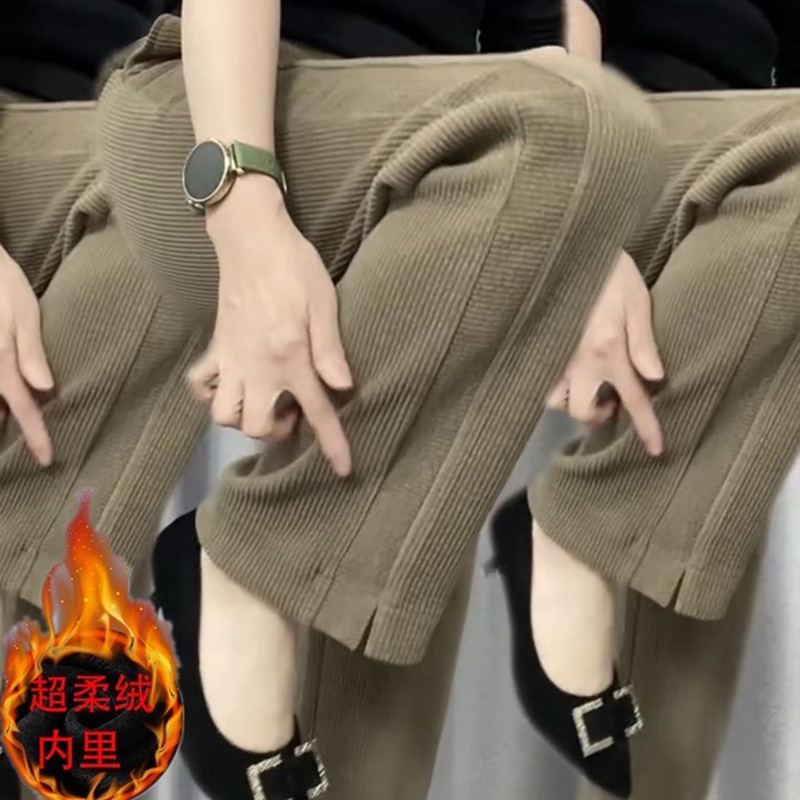 Fleece-Lined Thick Straight-Leg Pants for Women, Autumn and Winter Corduroy Versatile Plus-Size Warm Loose High-Waisted Casual Long Pants