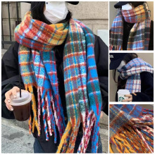 网红同款彩虹拼色格子围巾女冬韩版厚马海毛长款仿羊绒披肩围脖